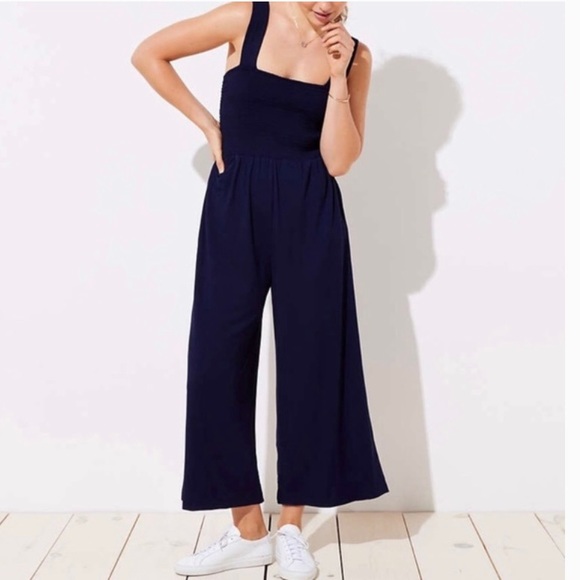 LOFT Pants - Petite Loft Navy Blue Smocked Jumpsuit